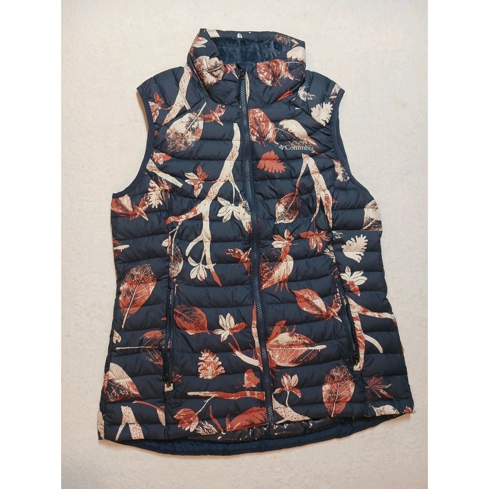 Columbia White Out II Vest Womens M Navy Blue Floral Leaf Quilted Omni-Heat